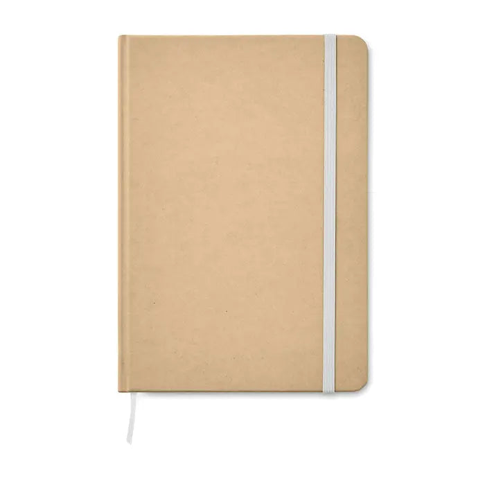 Beige caiet a5 reciclat 80 randuri din hartie kraft cu elastic alb si semn de carte asortat