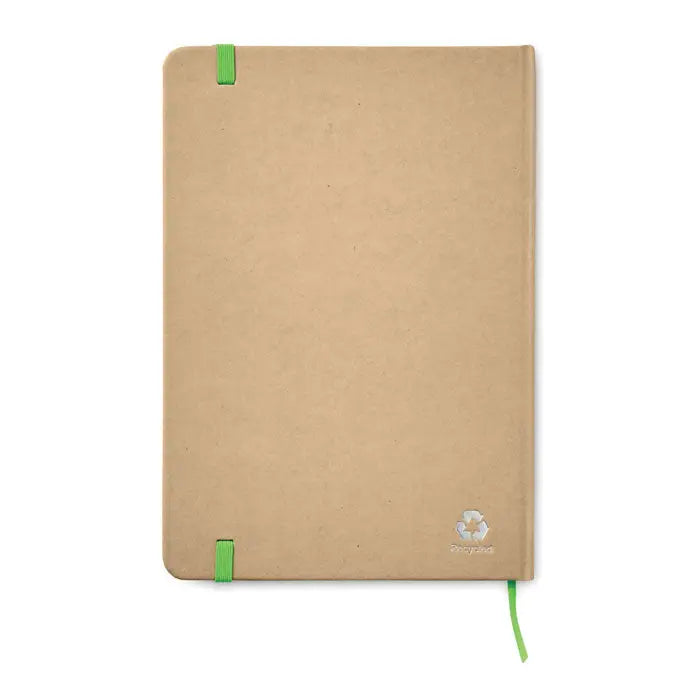 Caiet a5 reciclat cu 80 de randuri din hartie maro reciclat cu elastic verde si panglica asortata