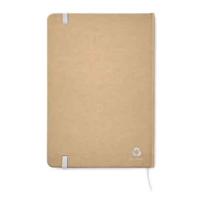 Caiet a5 reciclat tan cu elastic alb si logo reciclat pe coperta, 80 de randuri pe hartie reciclata