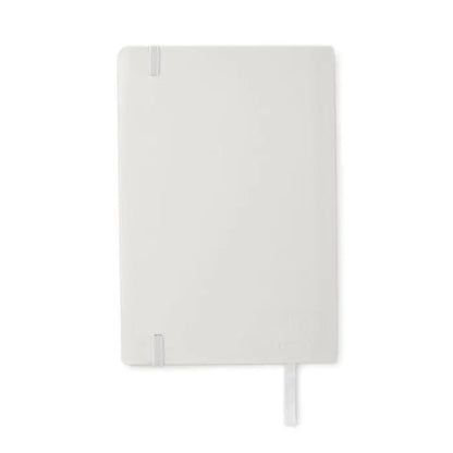 Caiet a5 reciclat alb minimalist cu finisaj mat si benzi elastice subtile pe coperta