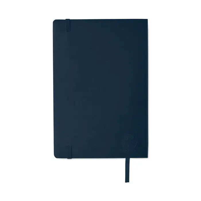 Caiet a5 reciclat bleumarin inchis cu design minimalist, benzi elastice laterale si logo subtil embossat