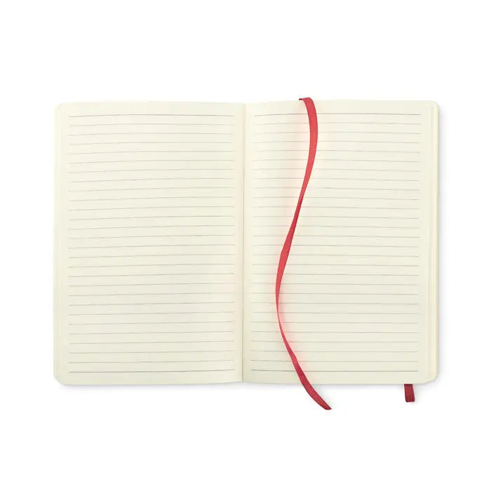Caiet a5 reciclat crem cu linii si semn de carte rosu pentru notite ecologice