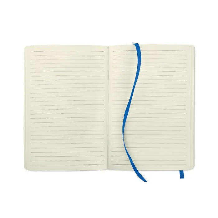 Caiet a5 reciclat cu copertă hardcover crem, pagini liniate și semn de carte albastru din panglică