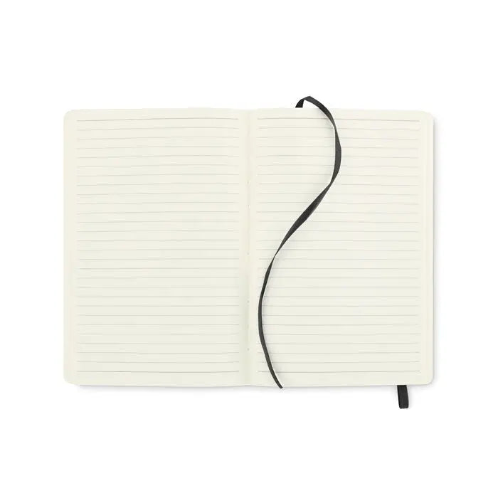 Caiet a5 reciclat cu copertă hardcover crem, pagini liniate și elastic negru pentru semnarea paginilor
