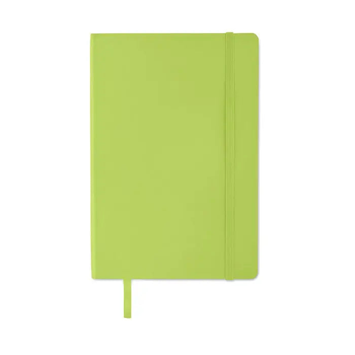 Caiet a5 reciclat lime green hardcover notebook with elastic band closure and matching ribbon bookmark