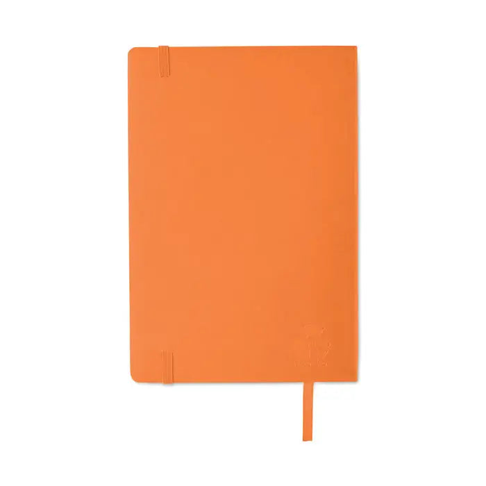 Caiet a5 reciclat cu coperta tare portocalie minimalista si semn de carte asortat din panglica