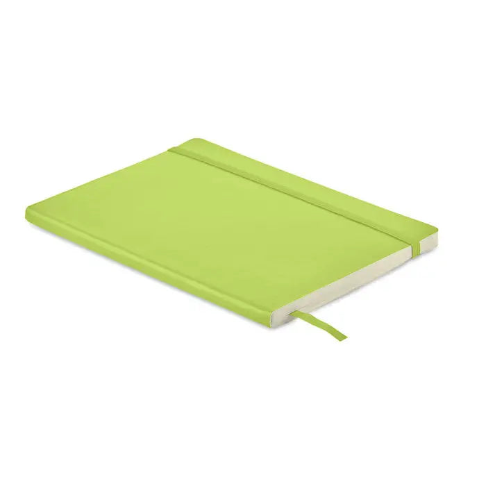 Caiet a5 reciclat verde lime cu coperta cartonata, elastic si semn de carte din panglica asortata