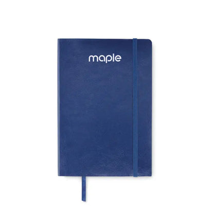 Caiet a5 reciclat albastru închis cu copertă din piele și elastic alb cu logo maple
