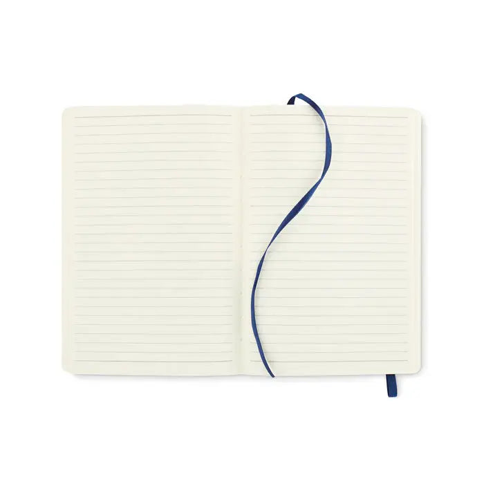 Caiet a5 reciclat cu pagini crem liniate si semn de carte bleumarin din panglica