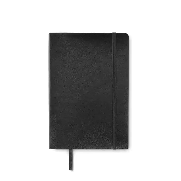 Caiet a5 reciclat din piele neagra cu elastic si semn de carte integrat pentru notite durabile
