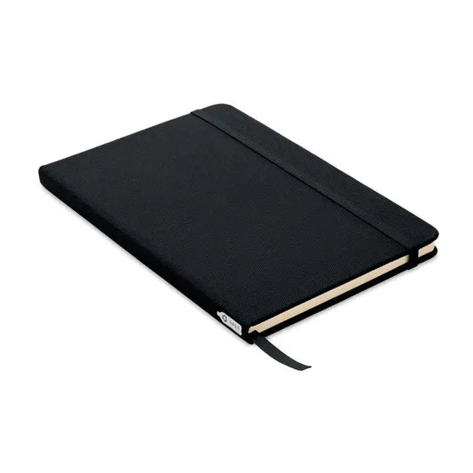 Caiet a5 rpet negru cu textura, inchidere cu elastic si marcator inclus pentru notite organizate
