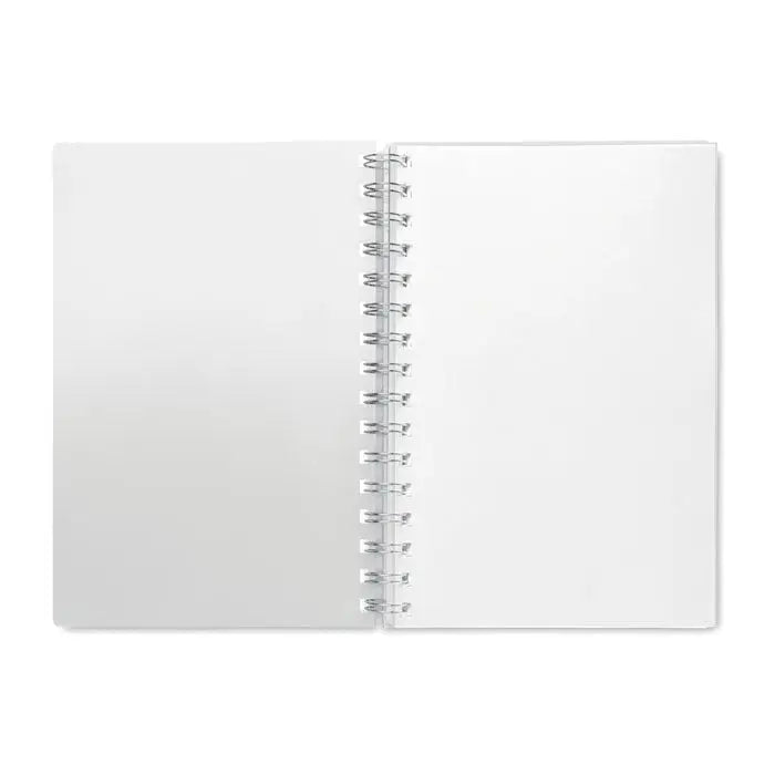 Caiet a5 rpet cu linii reciclate alb minimalist cu file albe goale si legatura metalica eleganta spirala