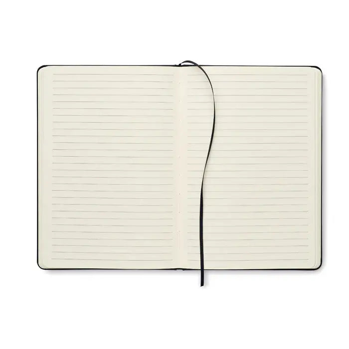 Caiet a5 rpet negru cu pagini crem liniate si semn de carte din panglica pentru notite sustenabile