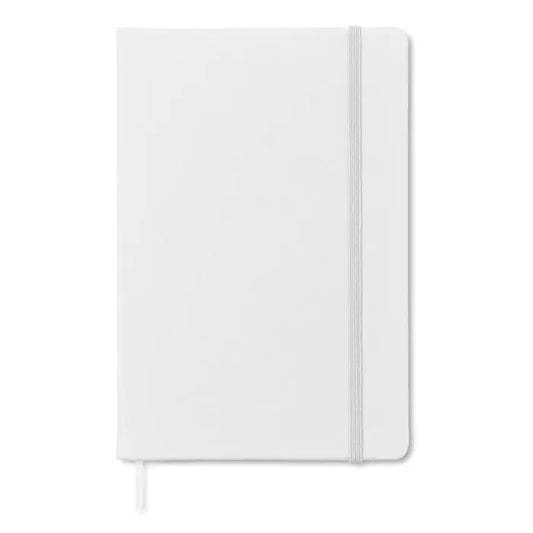 Caiet a6 96 coli randuite cu coperta hardcover alba, elastic gri subtil si semn de carte asortat
