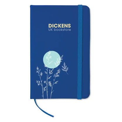 Caiet a6 cu 96 coli randuite, copertă albastră tare cu ilustrație botanică albă și design circular bleu, brand dickens uk bookstore
