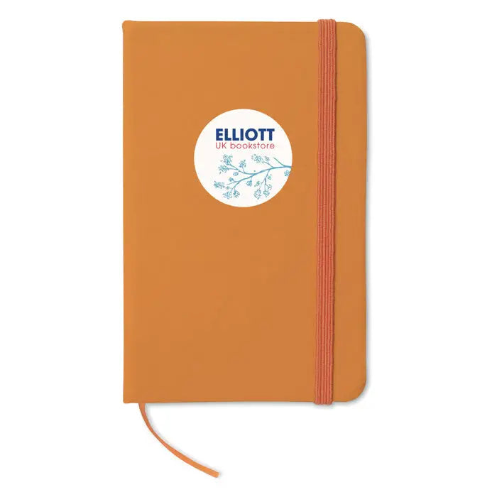 Caiet a6 96 coli randuite portocaliu cu elastic si autocolant rotund eliiott uk bookstore pe coperta