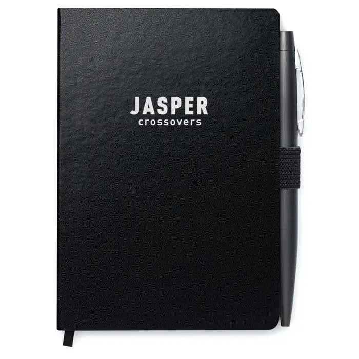 Caiet a6 negru cu coperta texturata si stilou negru asortat cu litere albe jasper crossovers pe coperta