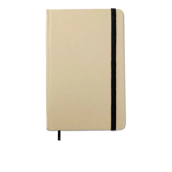 Beige caiet a6 reciclat cu coperta hardcover, elastic negru si semn de carte asortat, 96 file simple