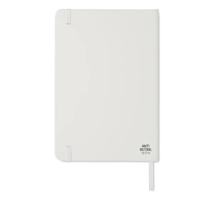 Caiet antibacterian a5 alb minimalist cu finisaj mat si benzi elastice subtile pentru inchidere
