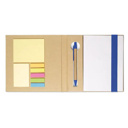 Caiet cu set de note si pix cu notite lipicioase colorate si pix albastru pe hartie kraft maro