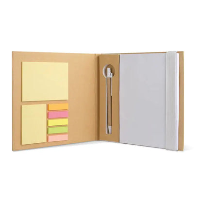 Caiet bej din hartie kraft cu set de note colorate si pix inclus pentru organizare eficienta