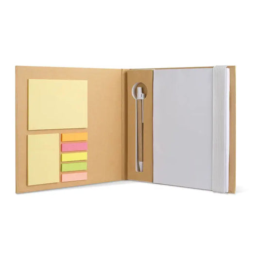 Caiet bej din hartie kraft cu set de note colorate si pix inclus pentru organizare eficienta