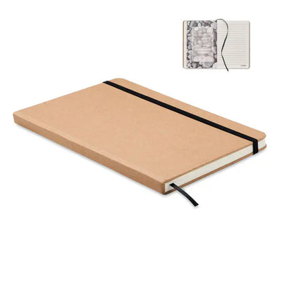 Caiet de carton reciclat a5 cu coperta maro deschis din piele ecologica si elastic negru pentru fixare