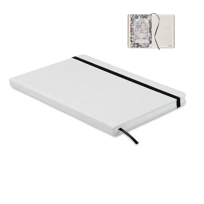 Notebook a5 carton reciclat alb cu elastic negru si semn de carte asortat