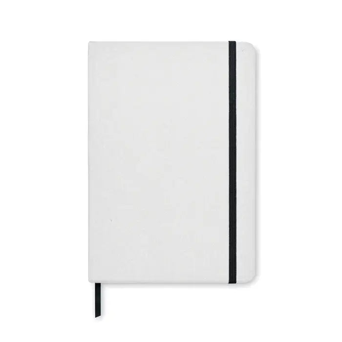 Caiet de carton reciclat a5 alb cu textura, elastic negru si semn de carte asortat pentru notite eco-friendly