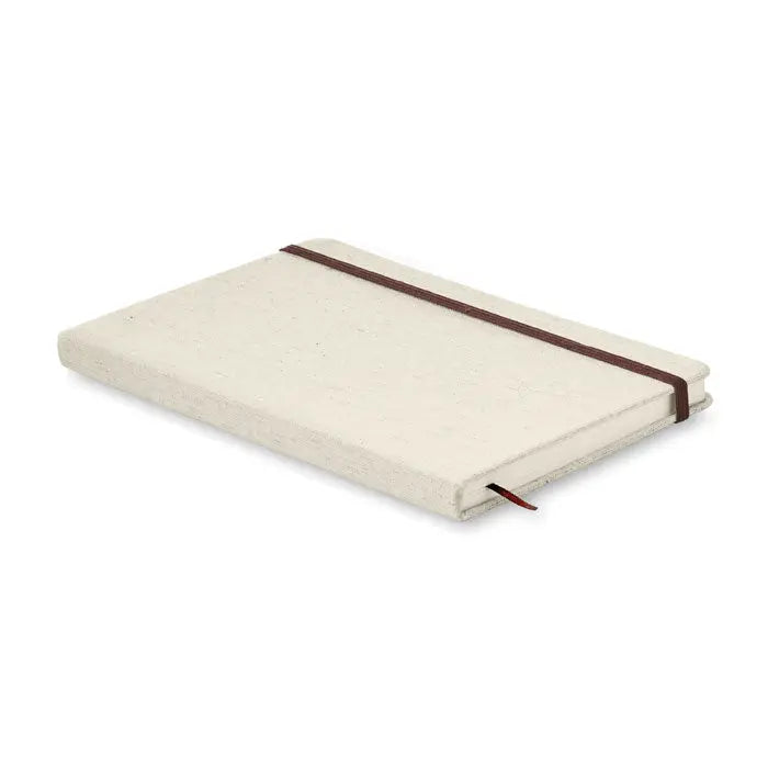 Caiet de panza a5 beige cu elastic maro si semn de carte din panglica din in