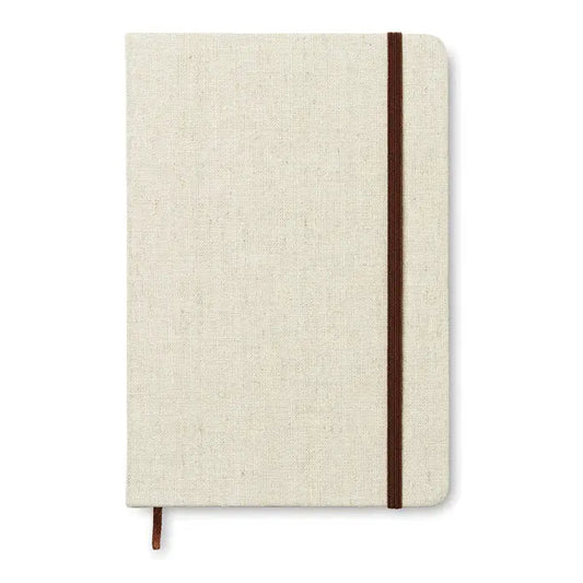Notebook a5 bej din panza cu textura si elastic maro pentru inchidere si tab adecvat pentru scris