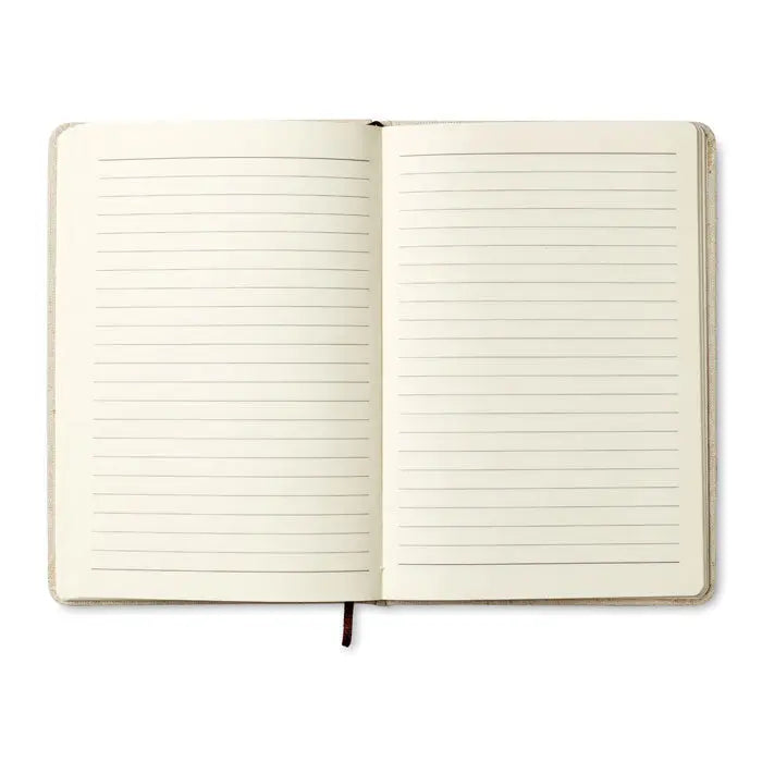 Caiet de panza a5 bej texturat cu pagini liniate si semn de carte rosu inchis