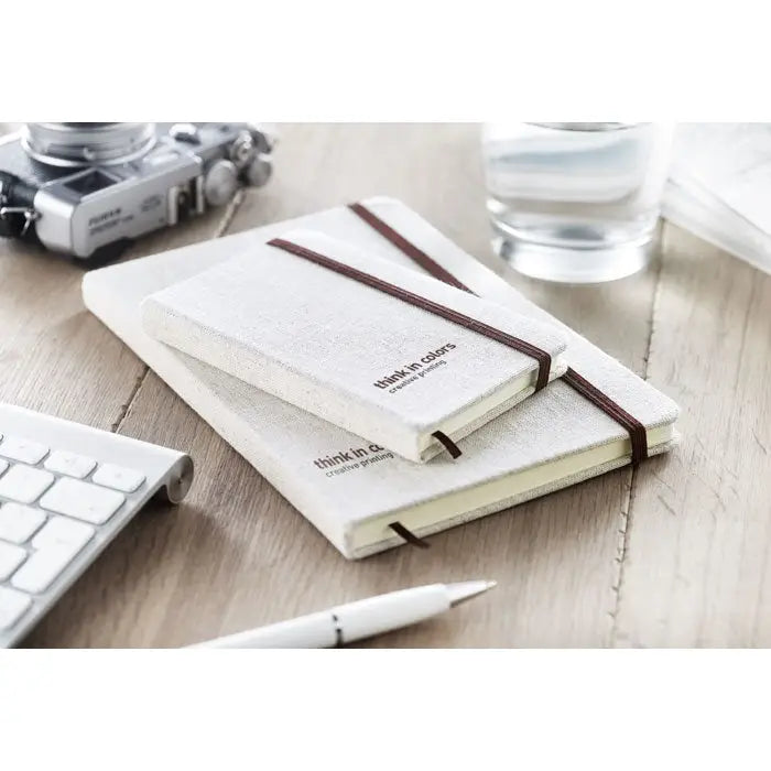 Beige caiet de panza a6 captusit cu curele maro din piele si branding think in colors