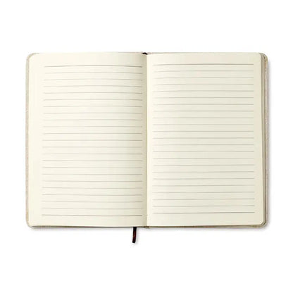 Caiet de panza A6 captusit bej texturat cu pagini liniate si semn de carte visiniu