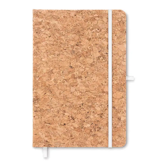 Caiet de pluta a5 cu coperta din pluta naturala si banda elastica alba, 96 de randuri pentru notite compacte