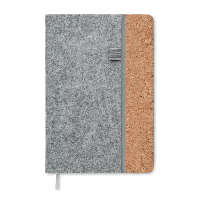 Caiet de pluta a5 rpet cu coperta gri din fetru si pluta si inchidere elastica gri pentru notite compacte