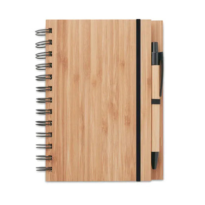 Caiet spiralat din bambus cu pix captusit si accente negre pentru notite elegante si eco-friendly