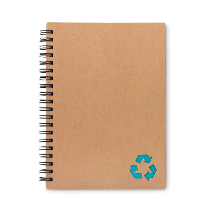 Caiet din hartie minerala 70 randuri cu coperta spiralat din hartie kraft maro si simbol reciclare albastru verde