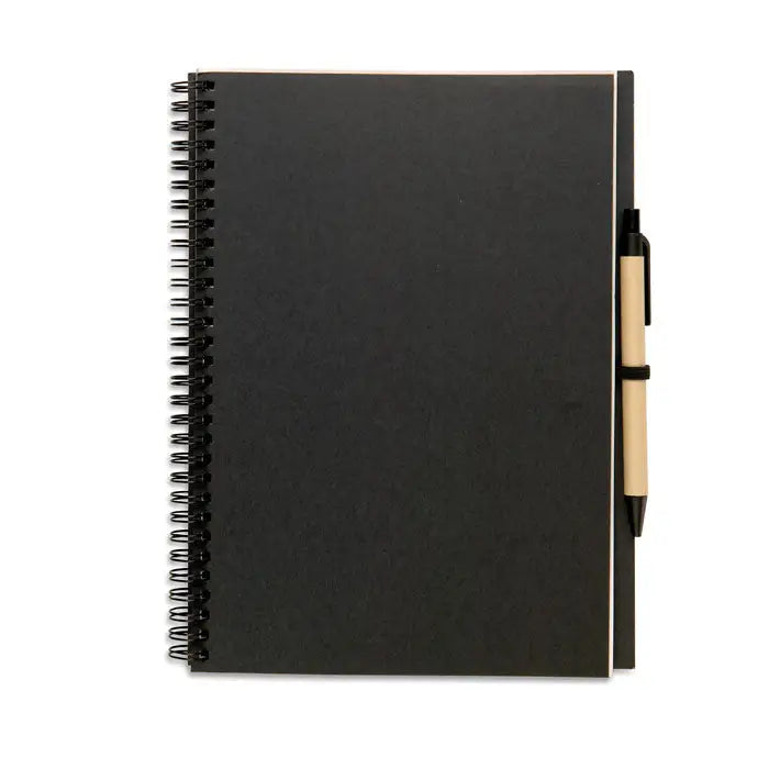 Caiet reciclat negru cu spirala si pix bej atasat pentru notite ecologice eficiente