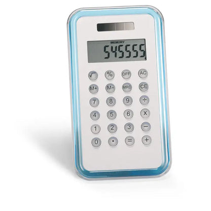 Calculator cu 8 cifre alb sleek cu bordura albastra translucida si butoane argintii afisand numarul 545555