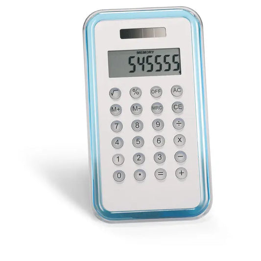 Calculator cu 8 cifre alb sleek cu bordura albastra translucida si butoane argintii afisand numarul 545555