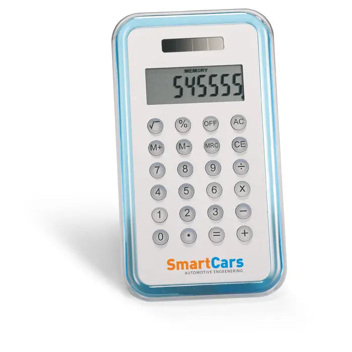 Calculator cu 8 cifre albastru deschis si alb cu afisaj digital si branding smartcars automotive engineering
