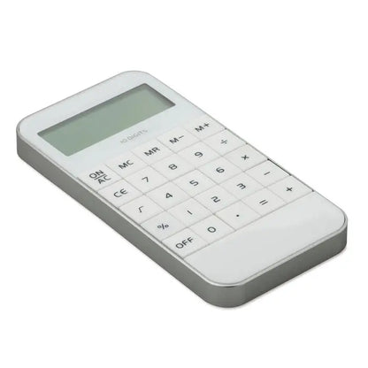 Calculator cu afișaj din 10 cifre alb și argintiu cu design minimalist și carcasă din plastic ușor de utilizat