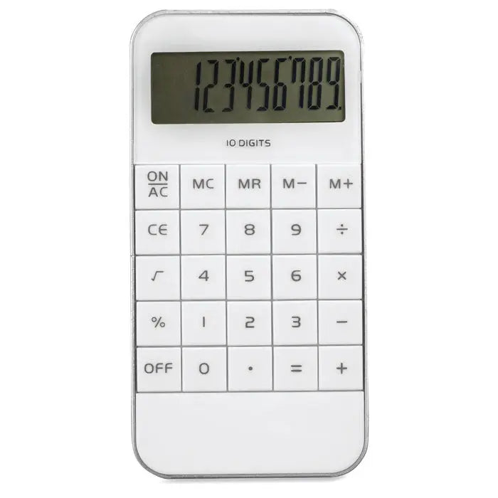 Calculator cu afisare din 10 cifre alb cu ecran marginit argintiu si tastatura numerica standard