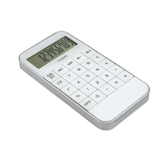 Calculator alb si argintiu cu afisaj digital si 10 cifre afisate pentru calcule precise