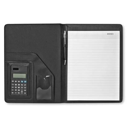 Folder de conferințe A4 din piele ecologică neagră cu calculator integrat, suport pentru pix și bloc de notițe liniat