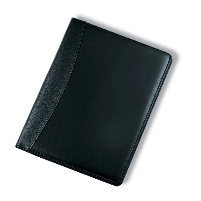 Calculator de foldere de conferinte A4 din piele neagra lucioasa cu finisaj neted si cusaturi subtile pe margini