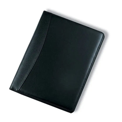 Calculator de foldere de conferinte A4 din piele neagra lucioasa cu finisaj neted si cusaturi subtile pe margini