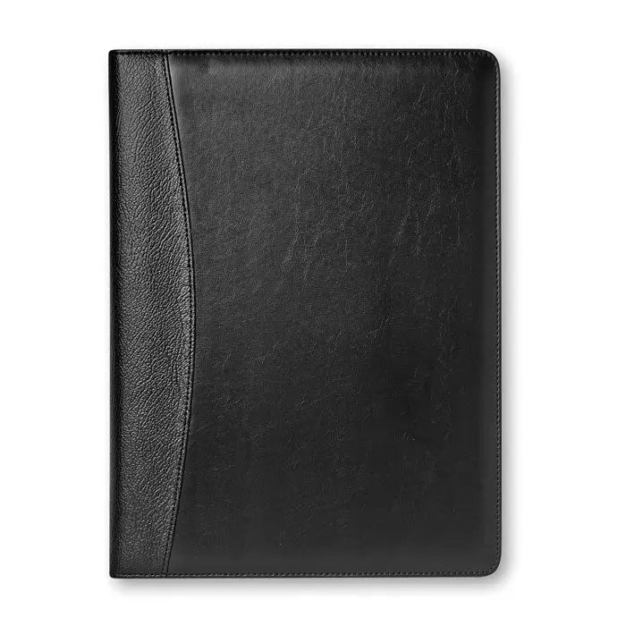 Calculator de foldere de conferinte a4 din piele neagra cu textura si margini cusute pentru organizare profesionala