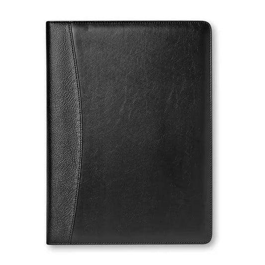Calculator de foldere de conferinte a4 din piele neagra cu textura si margini cusute pentru organizare profesionala